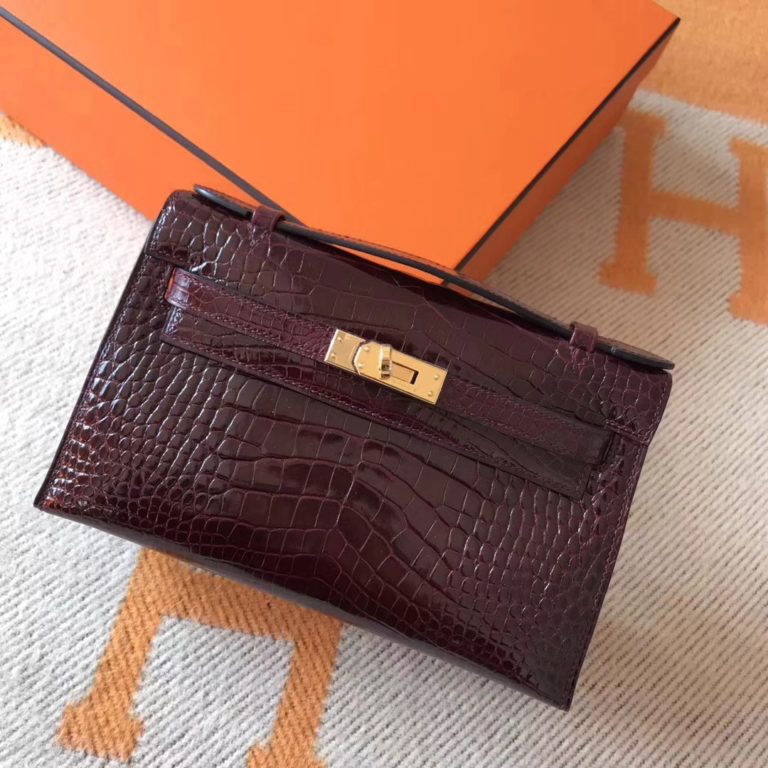 On Hermes Minikelly Bag in CK57 Bordeaux Red Crocodile Shiny Leather