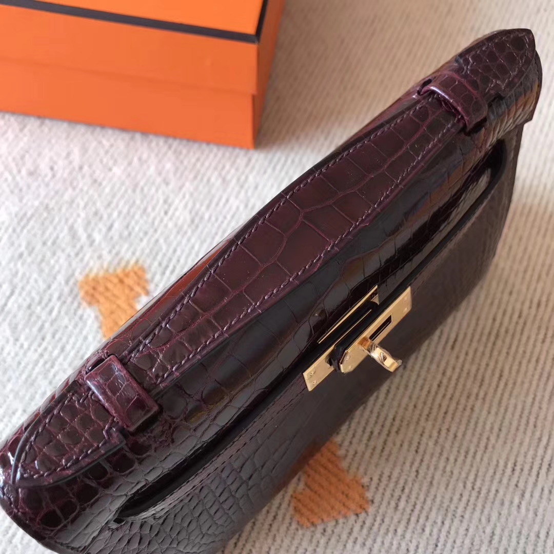 On Sale Hermes Minikelly Bag in CK57 Bordeaux Red Crocodile Shiny Leather