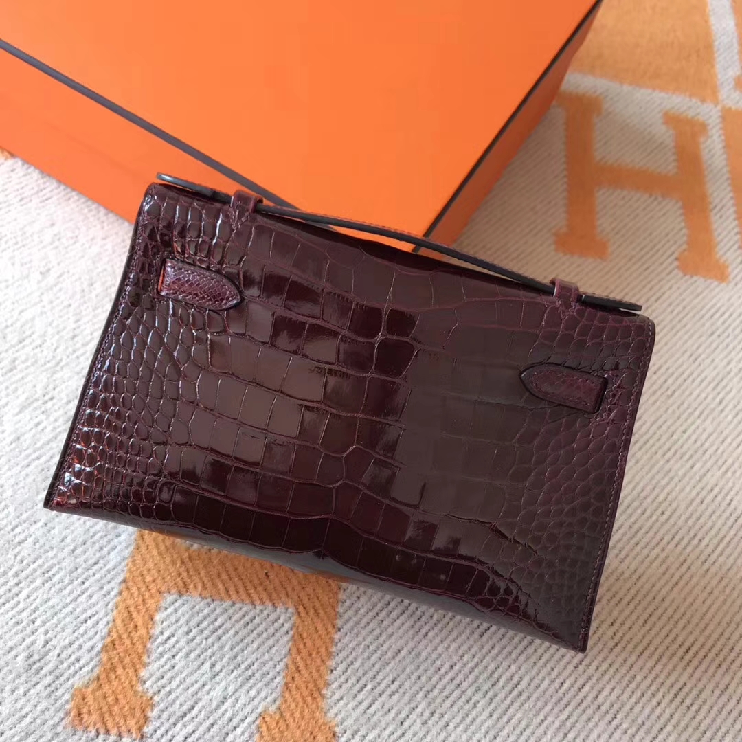 On Sale Hermes Minikelly Bag in CK57 Bordeaux Red Crocodile Shiny Leather