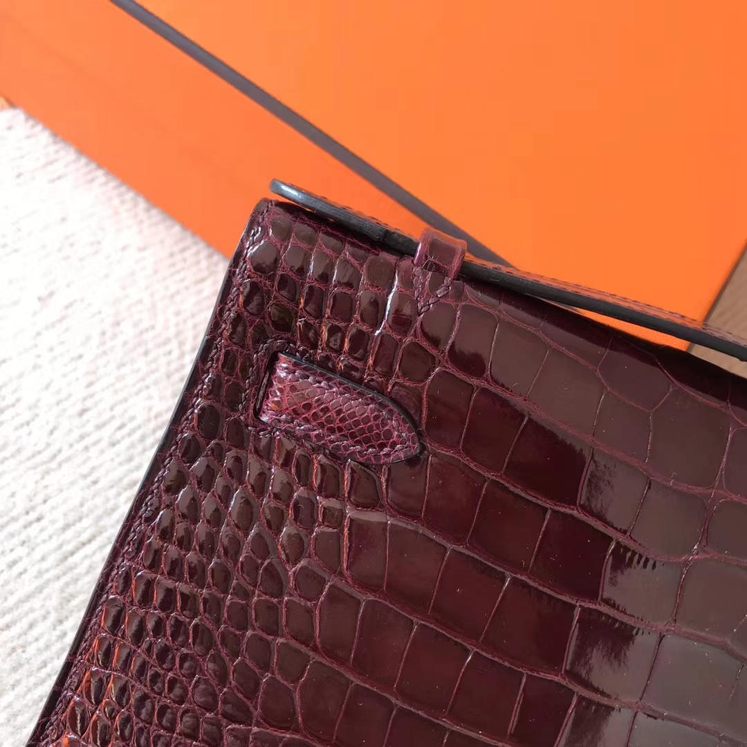 On Sale Hermes Minikelly Bag in CK57 Bordeaux Red Crocodile Shiny Leather