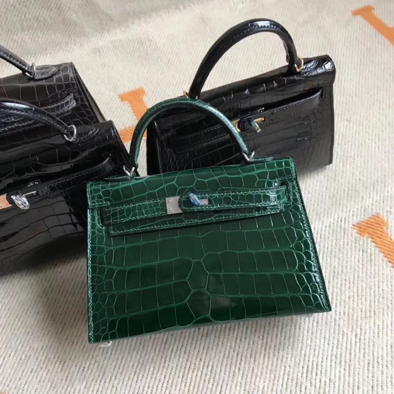 Hermes CK67 Vert Fonce Shiny Crocodile Leather Minikelly-2 Clutch Bag 19CM