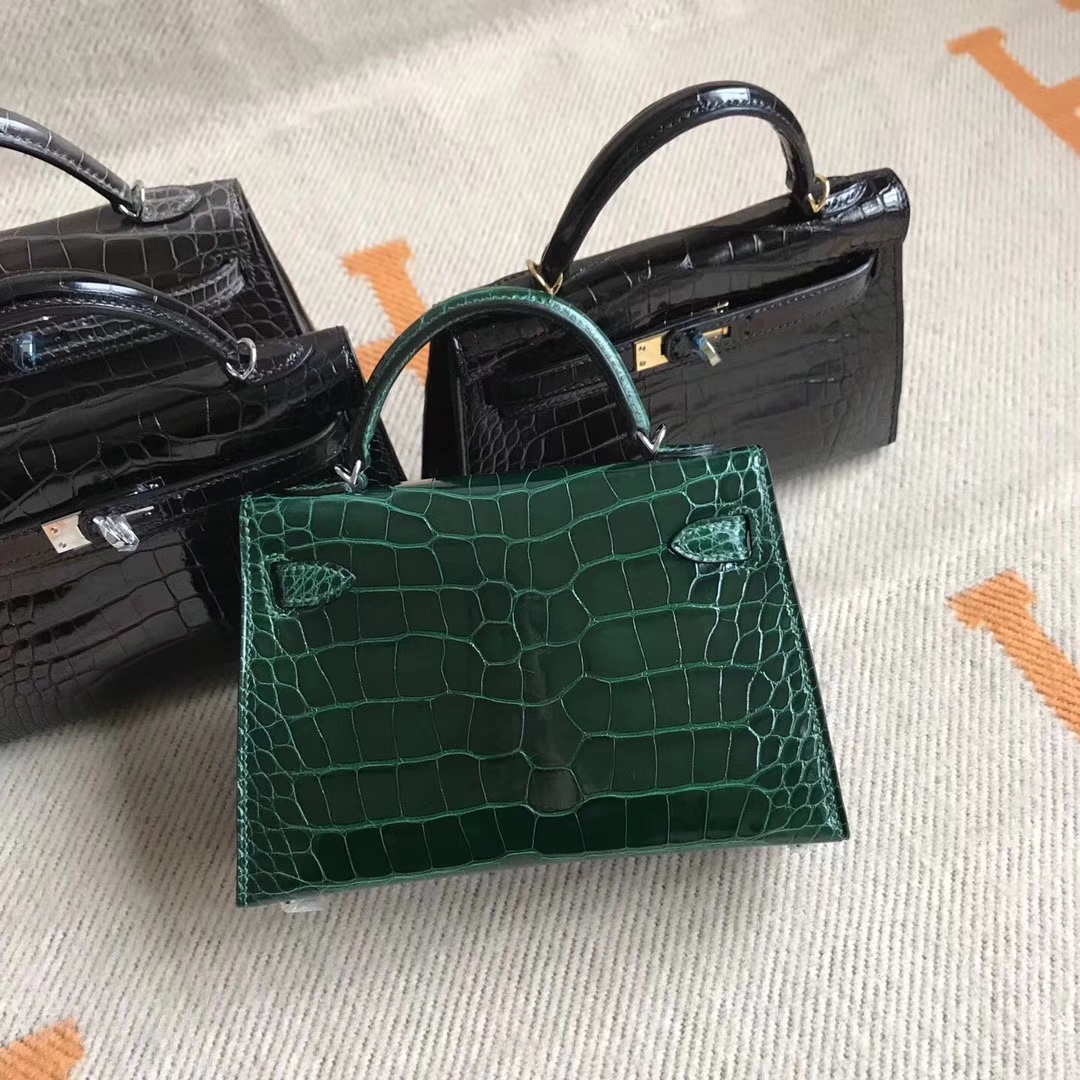 Elegant Hermes CK67 Vert Fonce Shiny Crocodile Leather Minikelly-2 Clutch Bag19CM