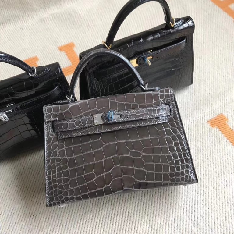 Hermes CK 18 Etoupe Grey Shiny Crocodile Leather Minikelly-2 Handbag