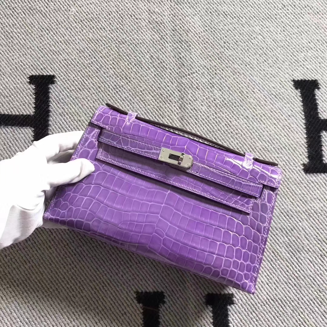 Luxury Hermes Lavender Purple Niloticus Shiny Crocodile Minikelly Clutch Bag22CM