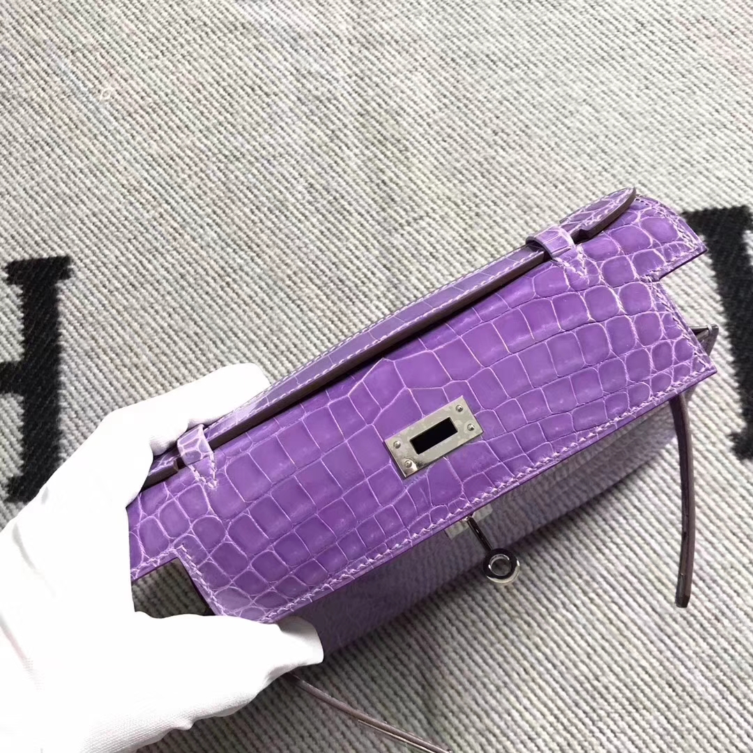 Luxury Hermes Lavender Purple Niloticus Shiny Crocodile Minikelly Clutch Bag22CM