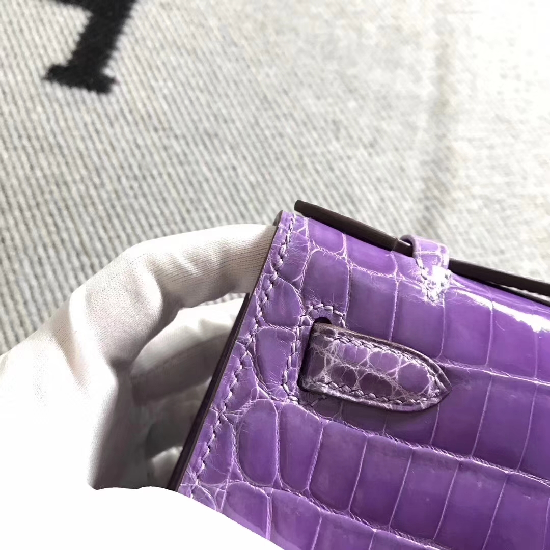 Luxury Hermes Lavender Purple Niloticus Shiny Crocodile Minikelly Clutch Bag22CM