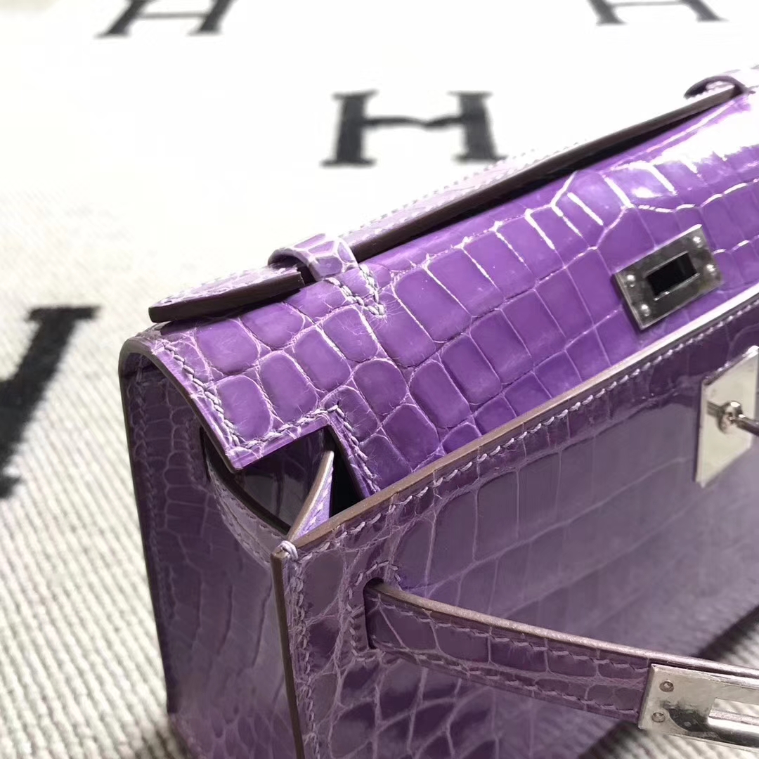 Luxury Hermes Lavender Purple Niloticus Shiny Crocodile Minikelly Clutch Bag22CM