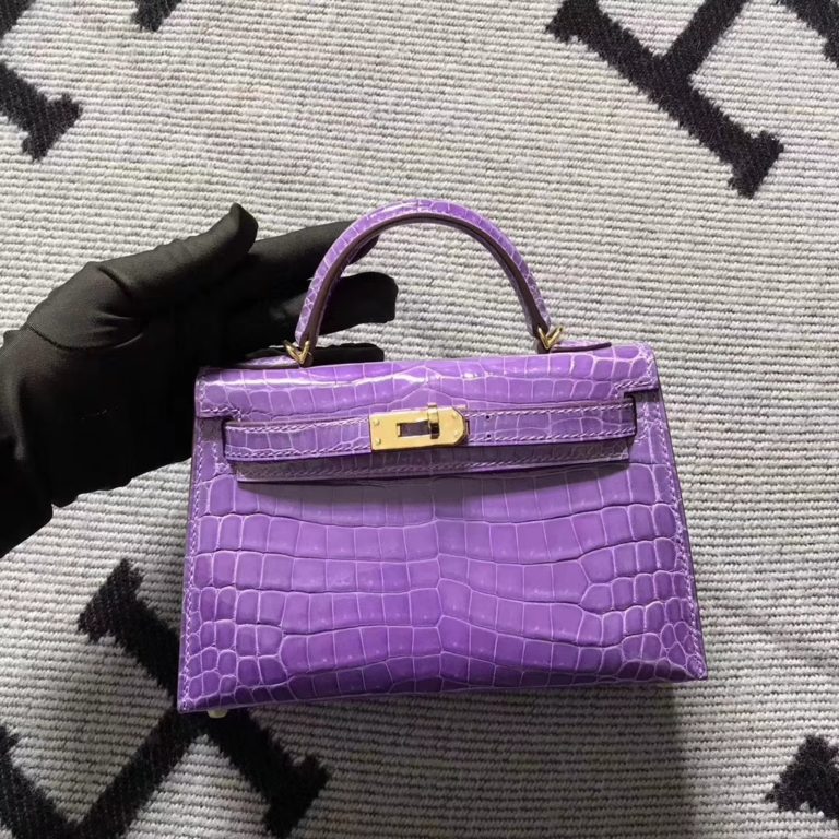 Hermes Lavender Purple Shiny Niloticus Crocodile Minikelly-2 Clutch Bag