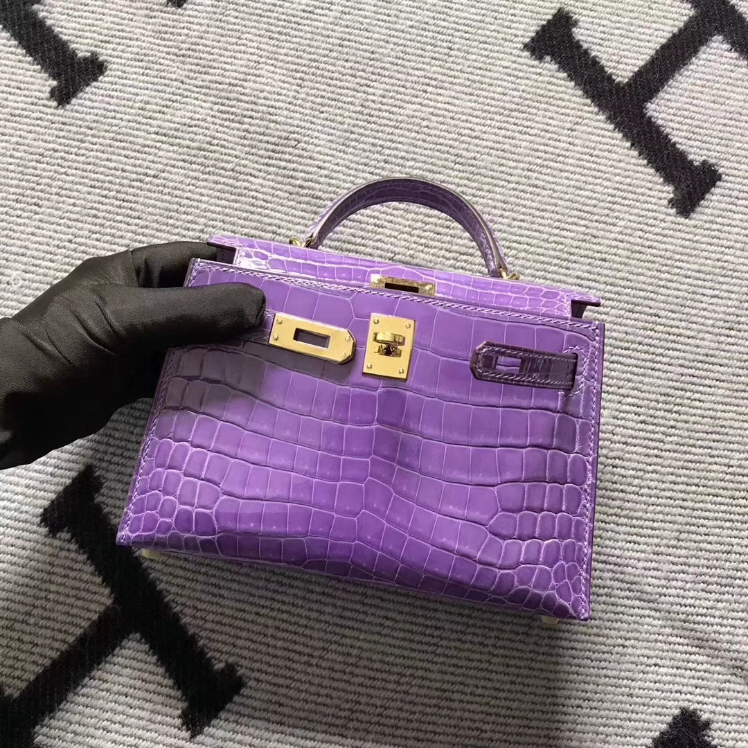 Pretty Hermes Lavender Purple Shiny Niloticus Crocodile Minikelly-2 Clutch Bag