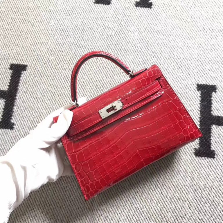 Hermes Red Shiny Niloticus Crocodile Minikelly-2 Clutch Bag Silver Hardware