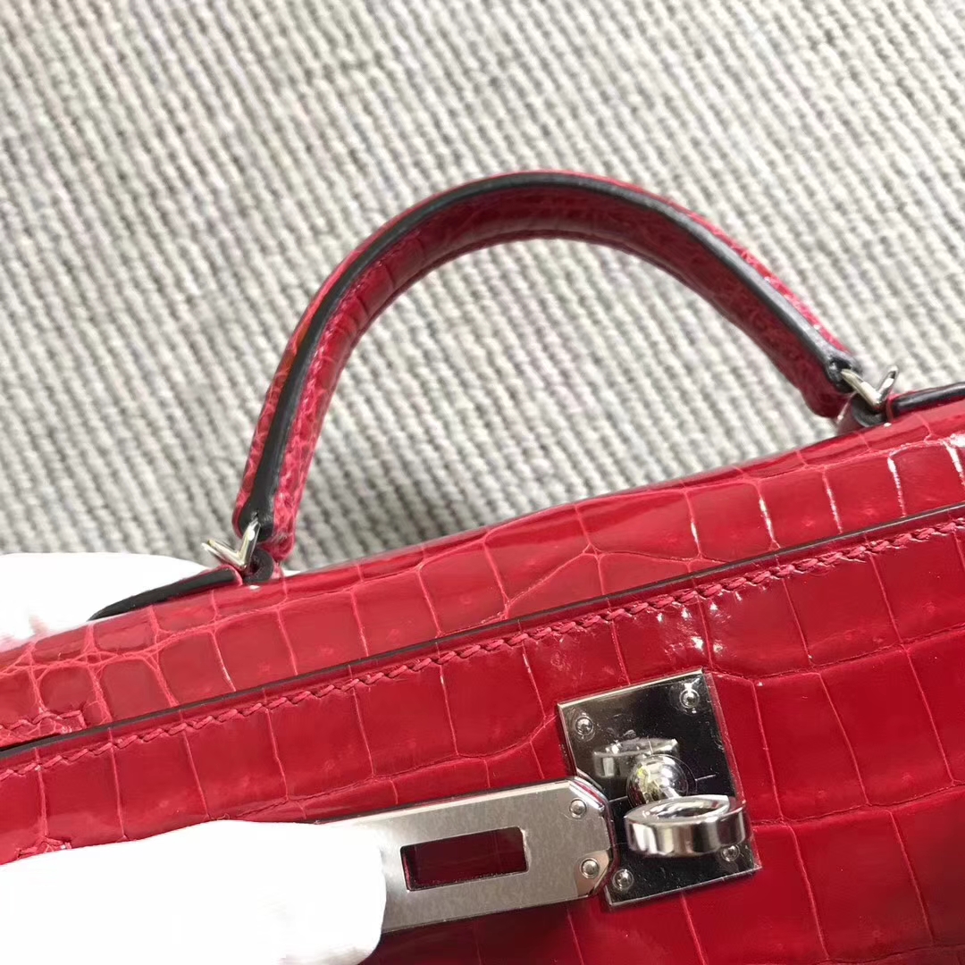 Discount Hermes Red Shiny Niloticus Crocodile Minikelly-2 Clutch Bag Silver Hardware