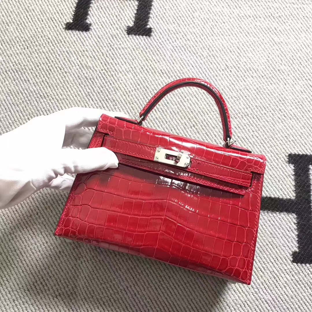 Discount Hermes Red Shiny Niloticus Crocodile Minikelly-2 Clutch Bag Silver Hardware