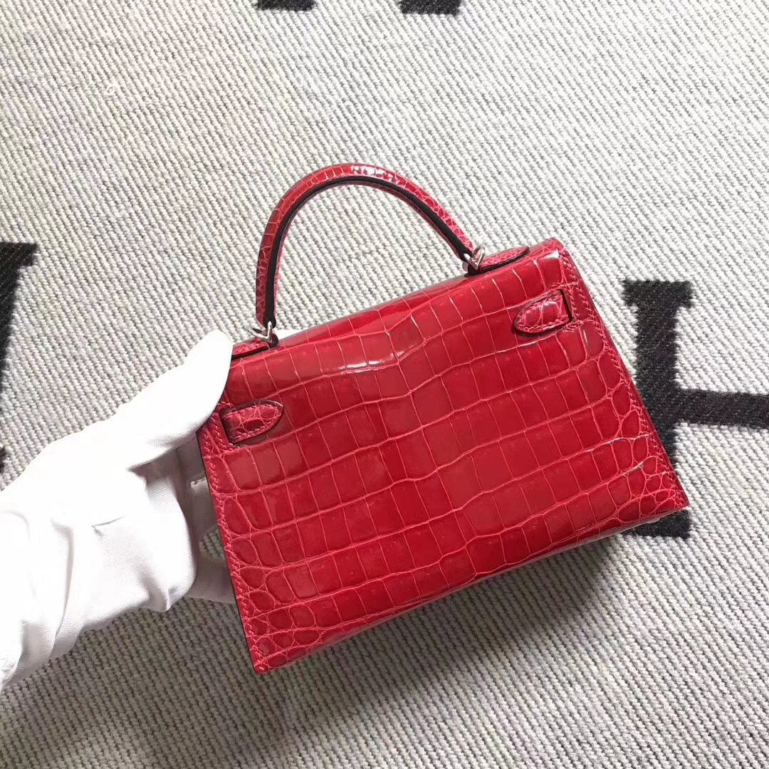 Discount Hermes Red Shiny Niloticus Crocodile Minikelly-2 Clutch Bag Silver Hardware