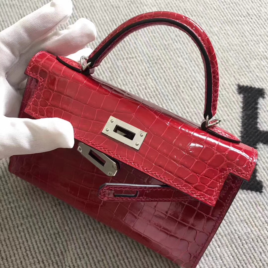 Discount Hermes Red Shiny Niloticus Crocodile Minikelly-2 Clutch Bag Silver Hardware