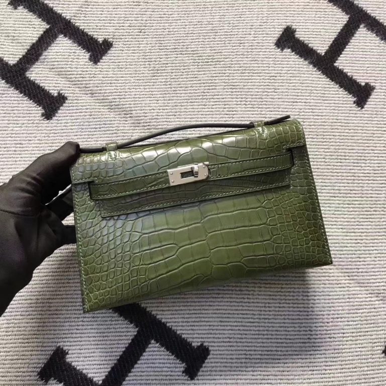Hermes Olive Green Crocodile Matt Leather Minikelly 22CM Clutch Bag