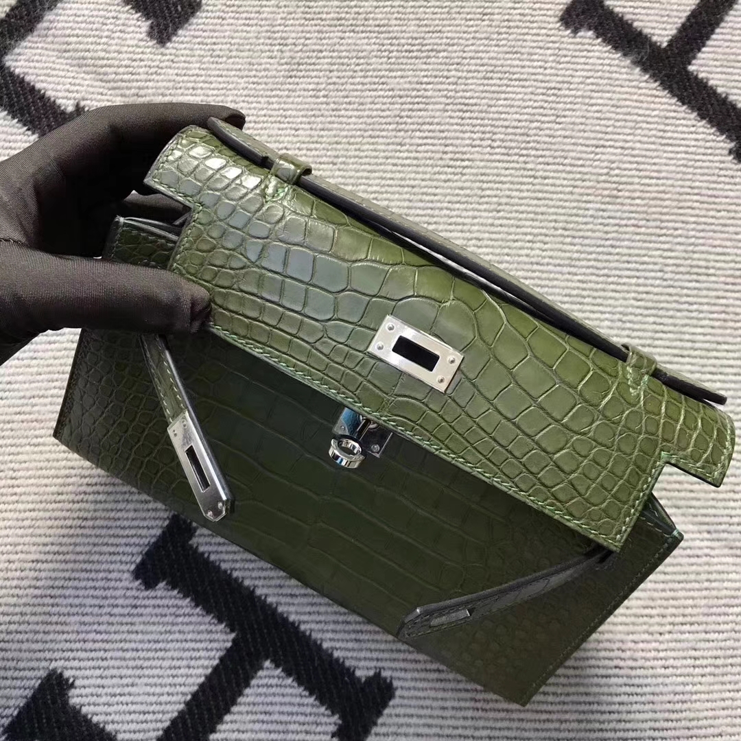 Noble Hermes Olive Green Crocodile Matt Leather Minikelly22CM Clutch Bag