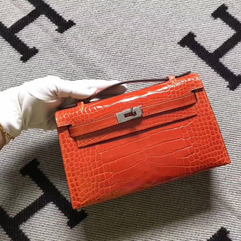 Hermes Orange Crocodile Matt Leather Minikelly Evening Clutch Bag