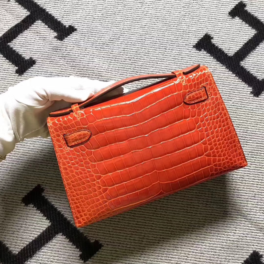 Discount Hermes Orange Crocodile Matt Leather Minikelly Evening Clutch Bag