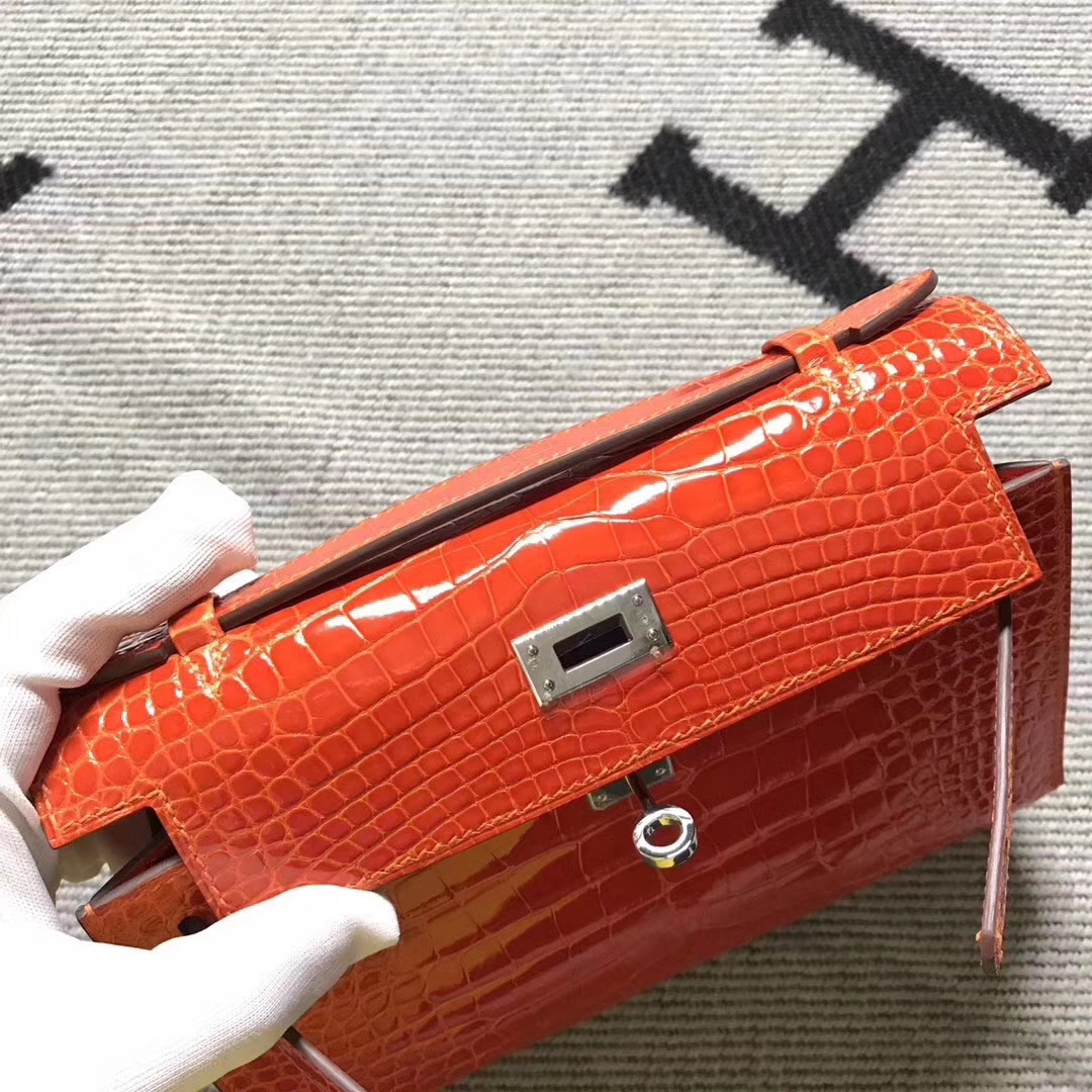 Discount Hermes Orange Crocodile Matt Leather Minikelly Evening Clutch Bag