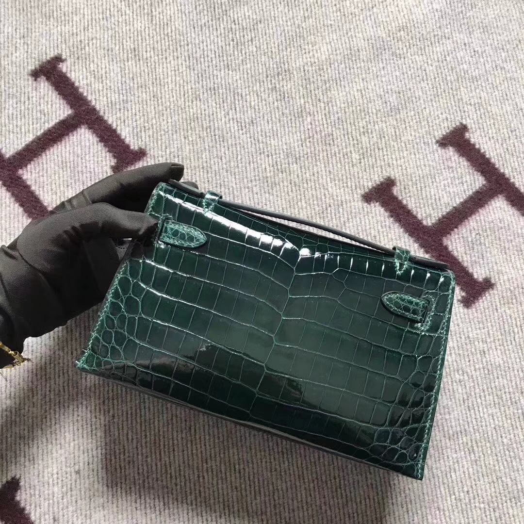 Luxury Hermes Vert Fonce Crocodile Shiny Leather Minikelly Pochette 22CM