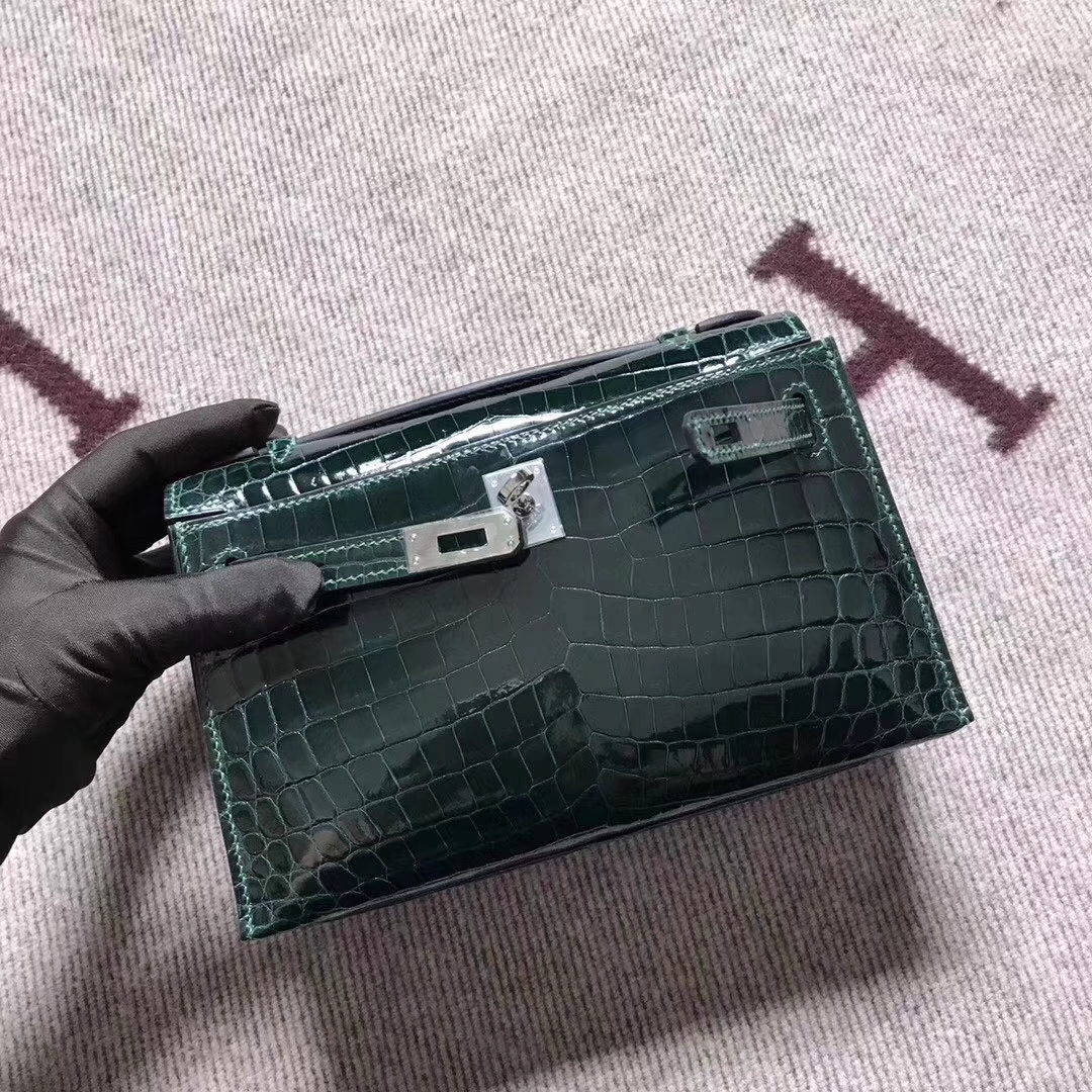 Luxury Hermes Vert Fonce Crocodile Shiny Leather Minikelly Pochette 22CM