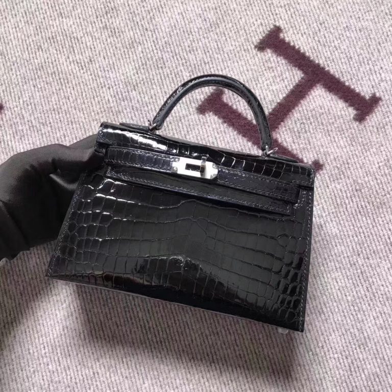 Hermes Black Shiny Crocodile Leather Minikelly-2 Clutch Bag