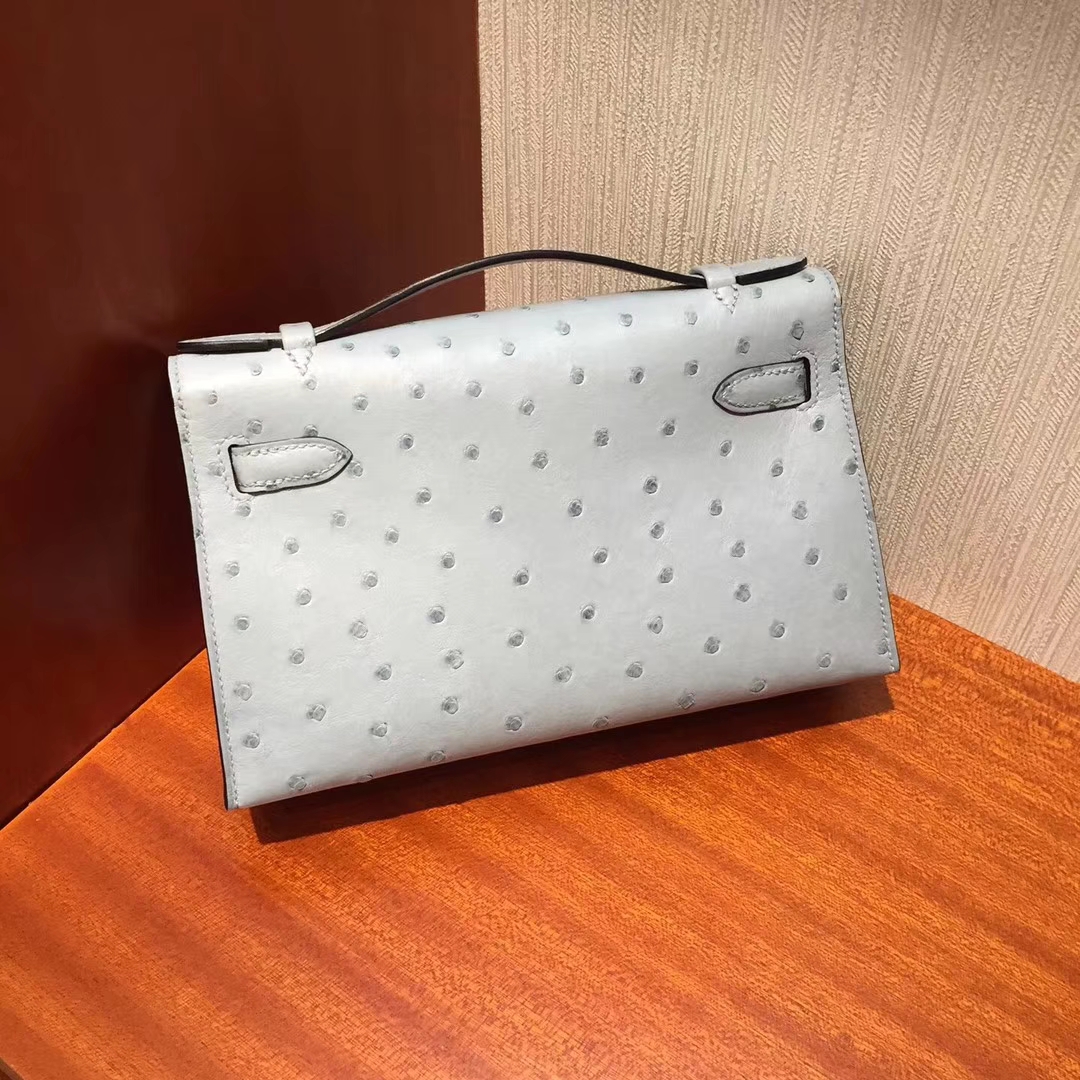 On Sale Hermes 8U Blue Glacier Ostrich Leather Minikelly Clutch Bag22cm