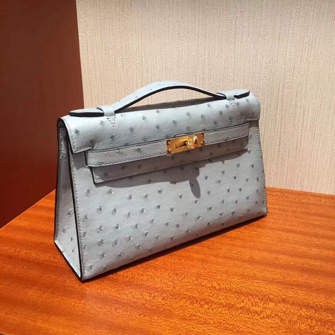 On Sale Hermes 8U Blue Glacier Ostrich Leather Minikelly Clutch Bag22cm