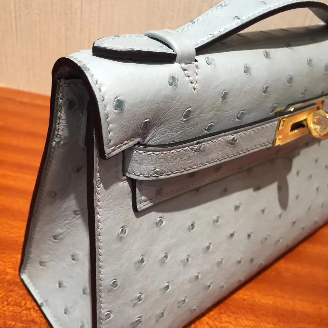 On Sale Hermes 8U Blue Glacier Ostrich Leather Minikelly Clutch Bag22cm