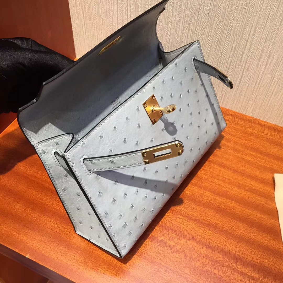 On Sale Hermes 8U Blue Glacier Ostrich Leather Minikelly Clutch Bag22cm