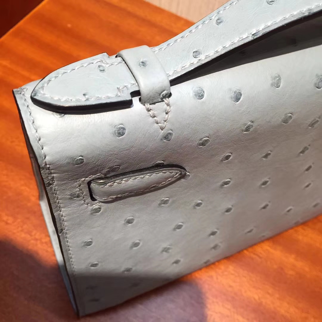 On Sale Hermes 8U Blue Glacier Ostrich Leather Minikelly Clutch Bag22cm