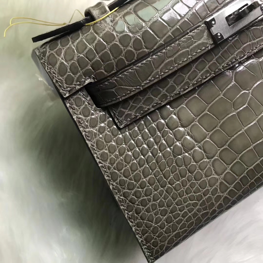 Discount Hermes C18 Gris Tourterelle Shiny Crocodile Leather Minikelly22CM Bag