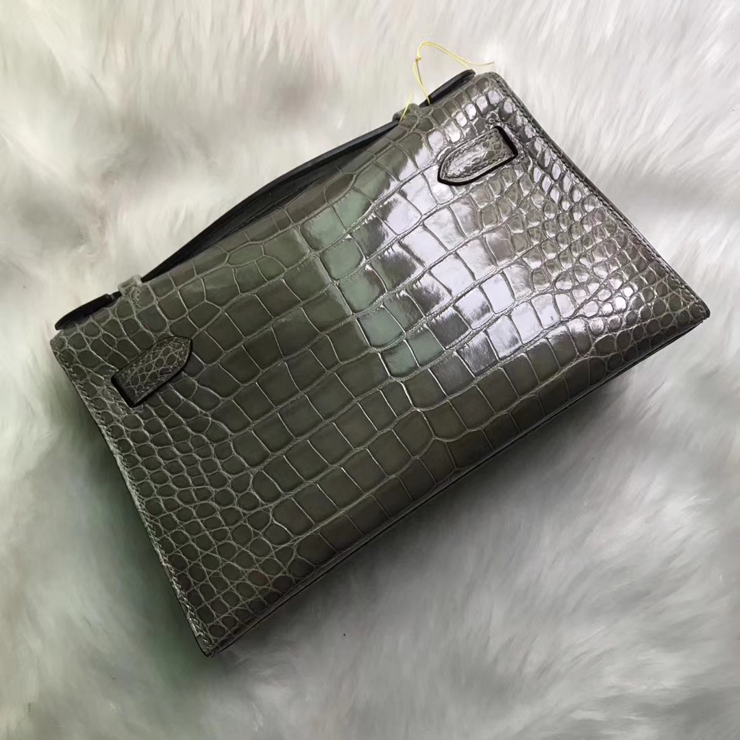 Discount Hermes C18 Gris Tourterelle Shiny Crocodile Leather Minikelly22CM Bag