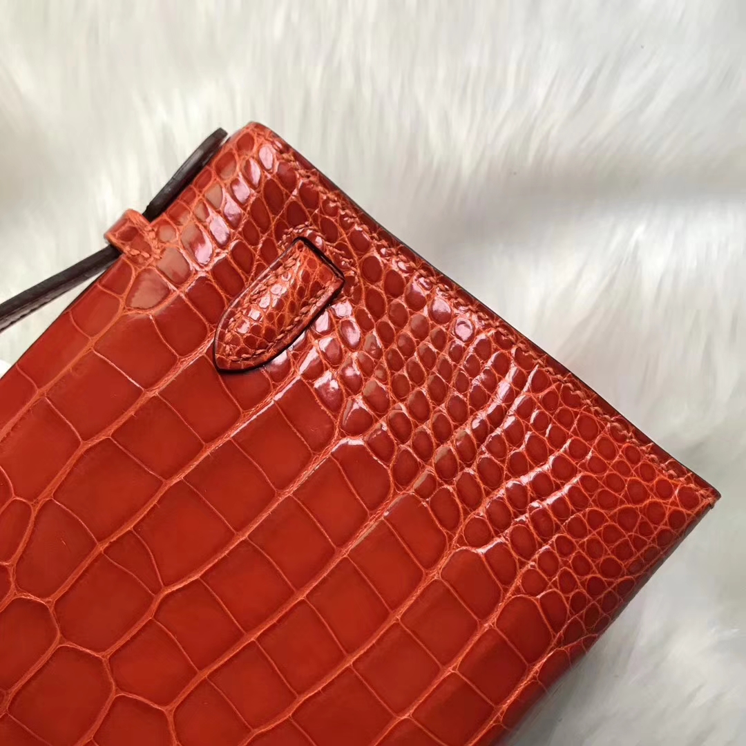 Noble Hermes Shiny Crocodile Leather Minikelly Clutch Bag in 9J Orange