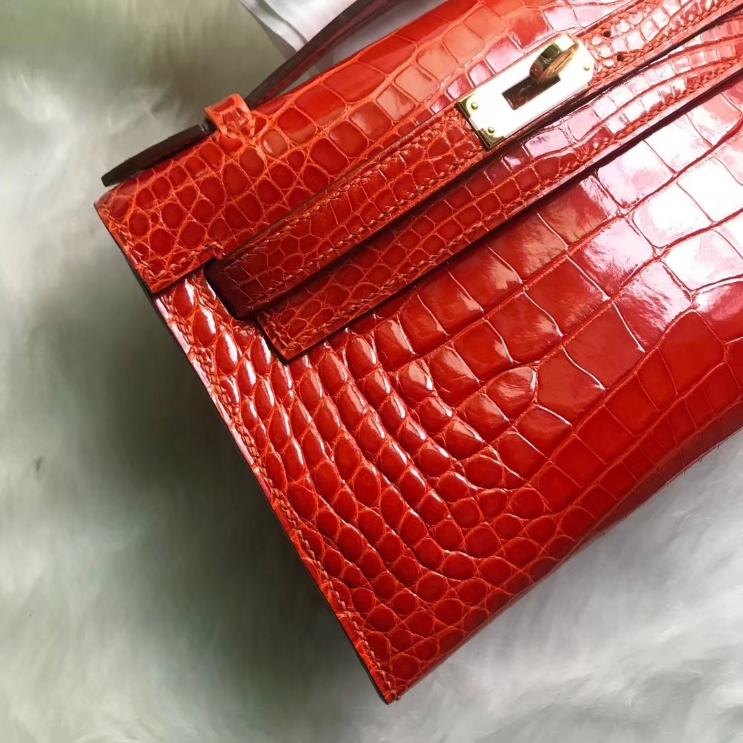 Noble Hermes Shiny Crocodile Leather Minikelly Clutch Bag in 9J Orange