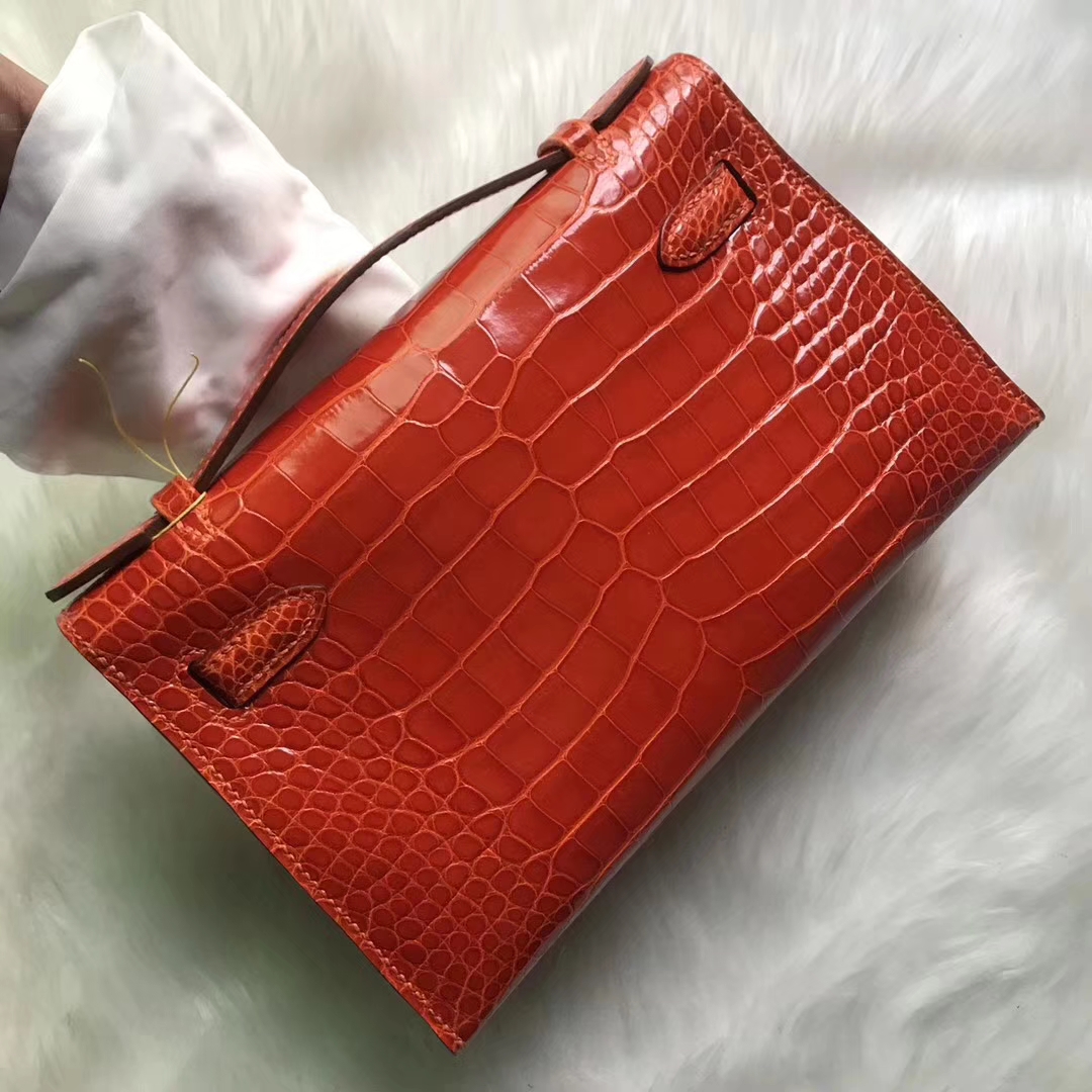 Noble Hermes Shiny Crocodile Leather Minikelly Clutch Bag in 9J Orange
