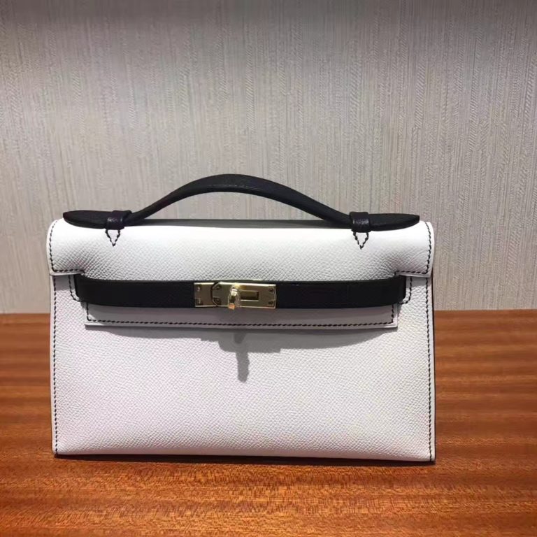 Hermes 01 Pure White&CK89 Black Epsom Leather Minikelly Clutch Bag