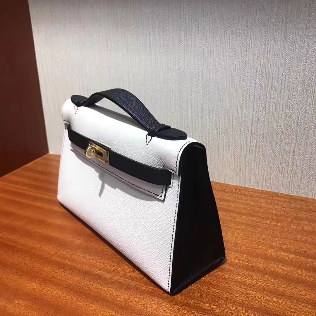 Fashion Hermes 01 Pure White&#038;CK89 Black Epsom Leather Minikelly Clutch Bag