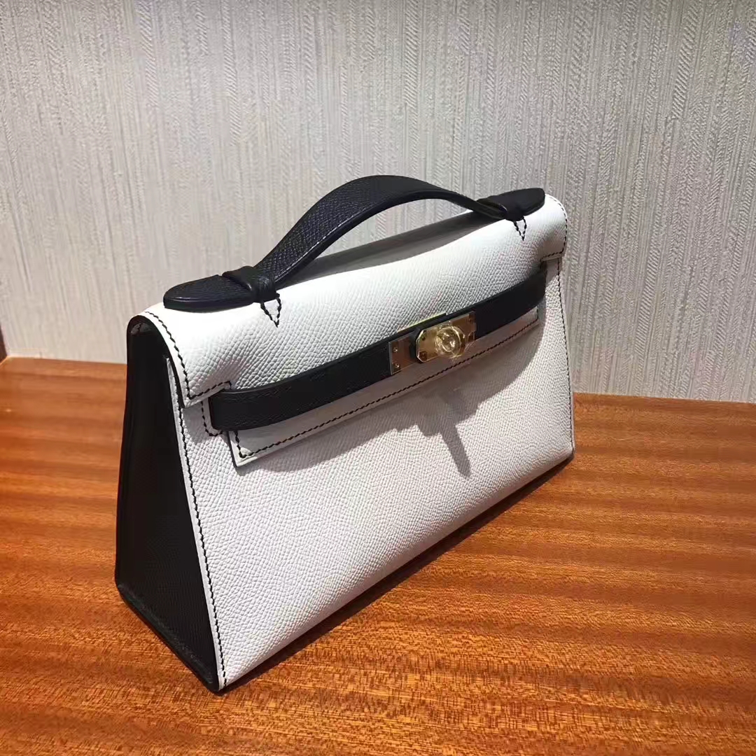 Fashion Hermes 01 Pure White&#038;CK89 Black Epsom Leather Minikelly Clutch Bag