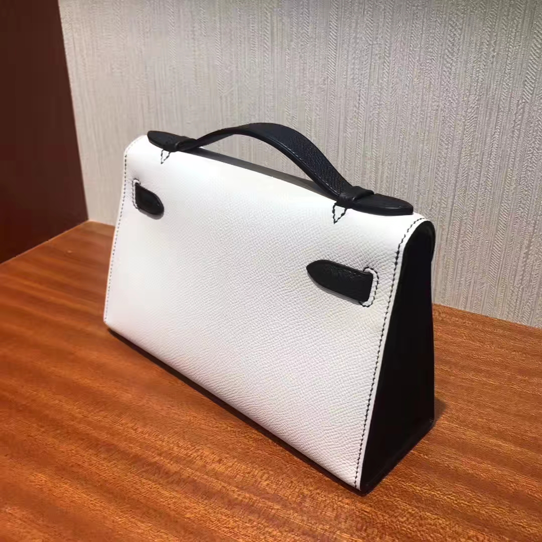 Fashion Hermes 01 Pure White&CK89 Black Epsom Leather Minikelly Clutch Bag