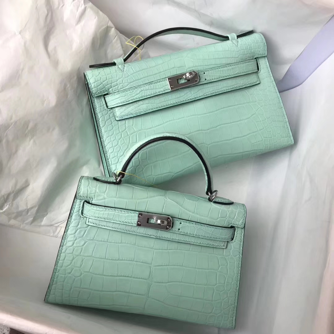 New Hermes 6U Mint Green Crocodile Matt Leather Minikelly-2 Evening Bag
