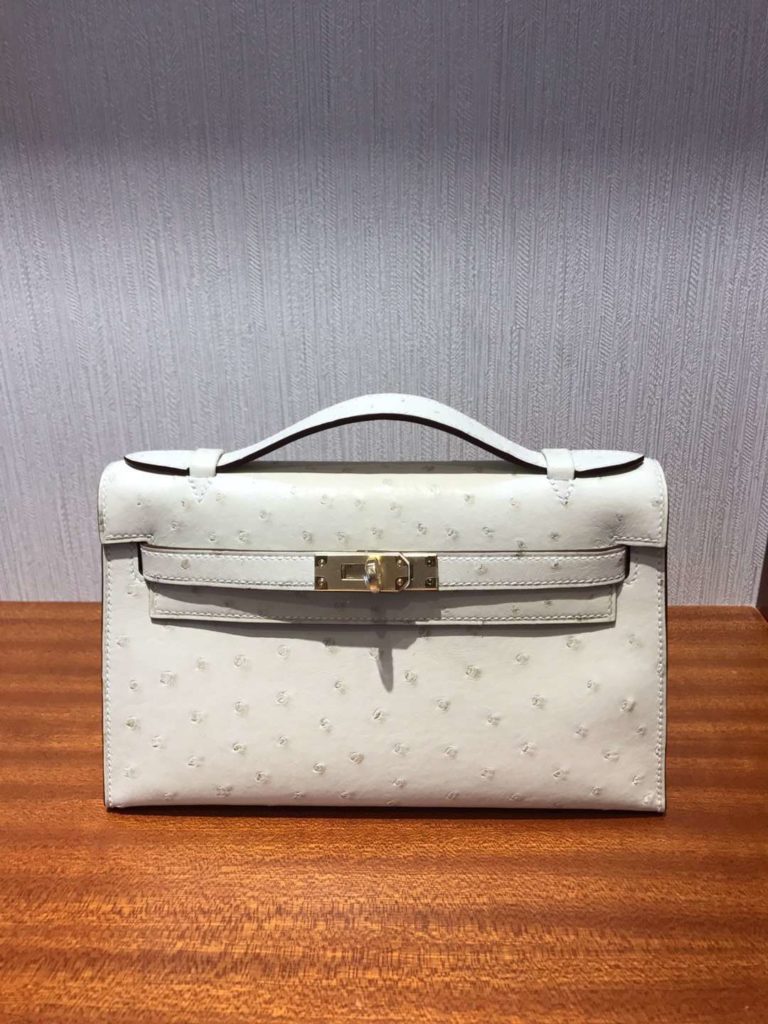 Hermes 3C Wool White Ostrich Leather Minikelly Clutch Bag 22CM