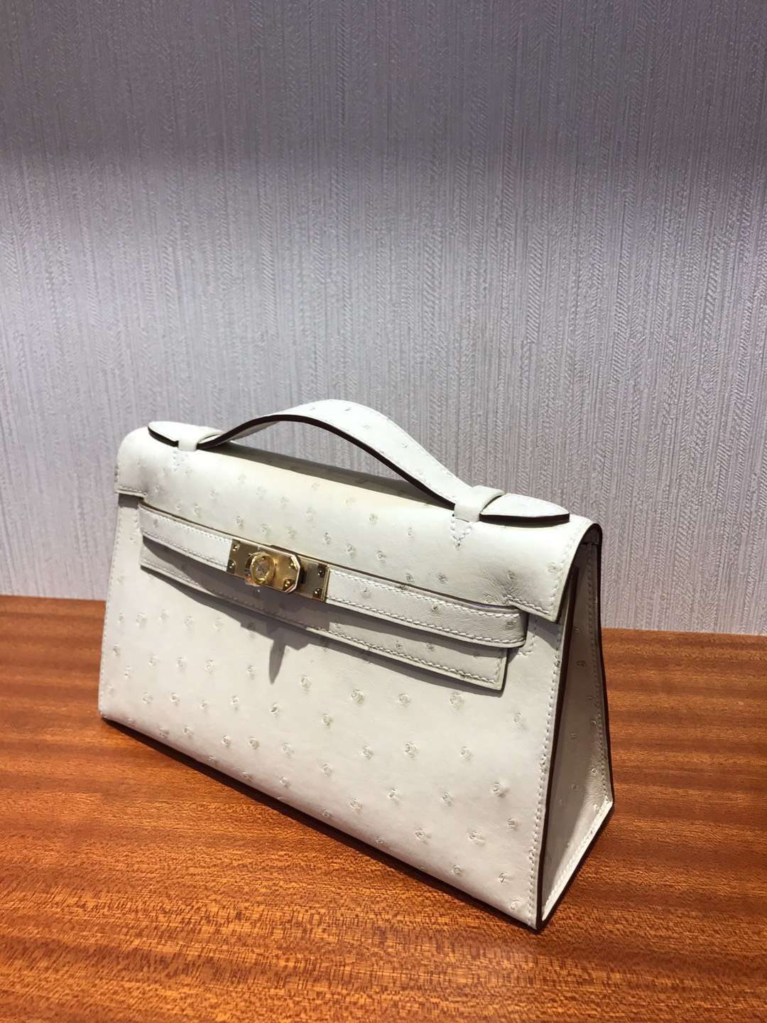 Discount Hermes 3C Wool White Ostrich Leather Minikelly Clutch Bag22CM