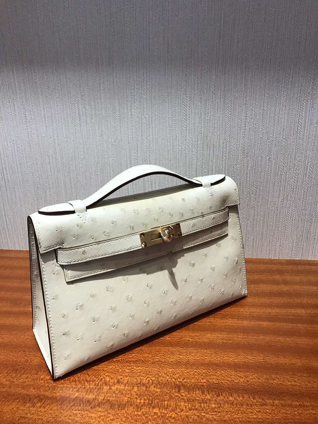 Discount Hermes 3C Wool White Ostrich Leather Minikelly Clutch Bag22CM