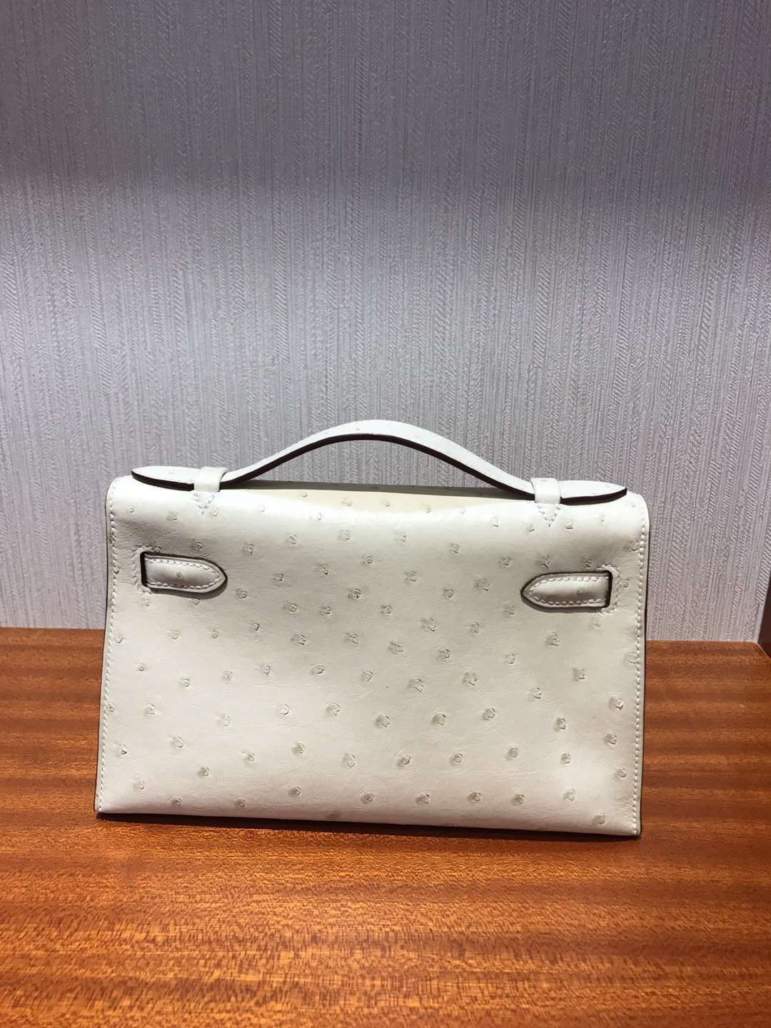 Discount Hermes 3C Wool White Ostrich Leather Minikelly Clutch Bag22CM