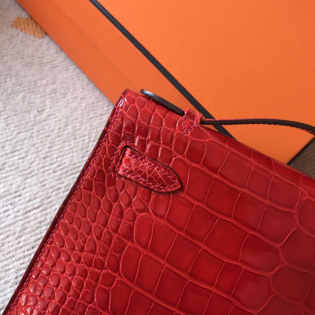 Pretty Hermes CK95 Braise Alligator Shiny Crocodile Minikelly Evening Bag22CM