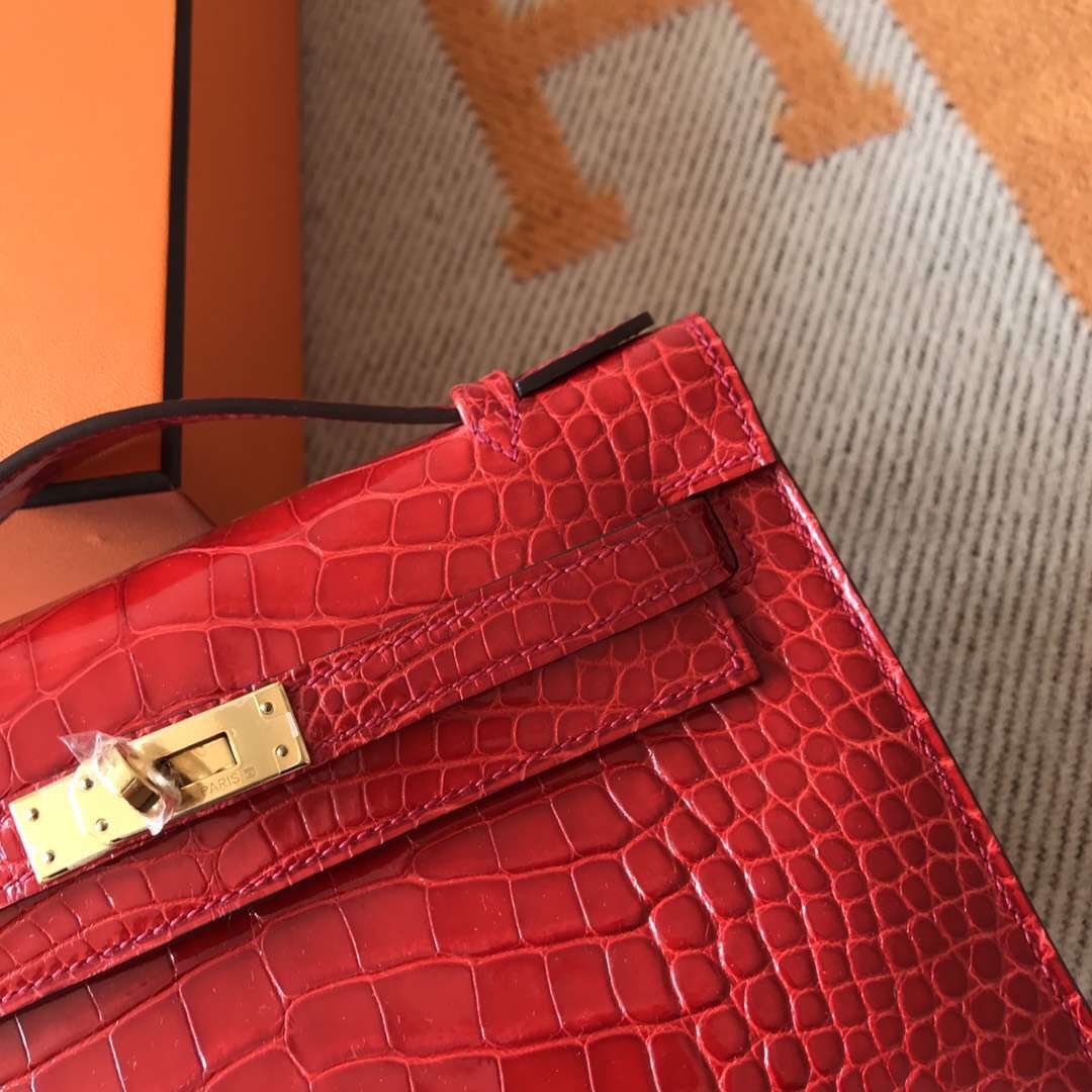Pretty Hermes CK95 Braise Alligator Shiny Crocodile Minikelly Evening Bag22CM