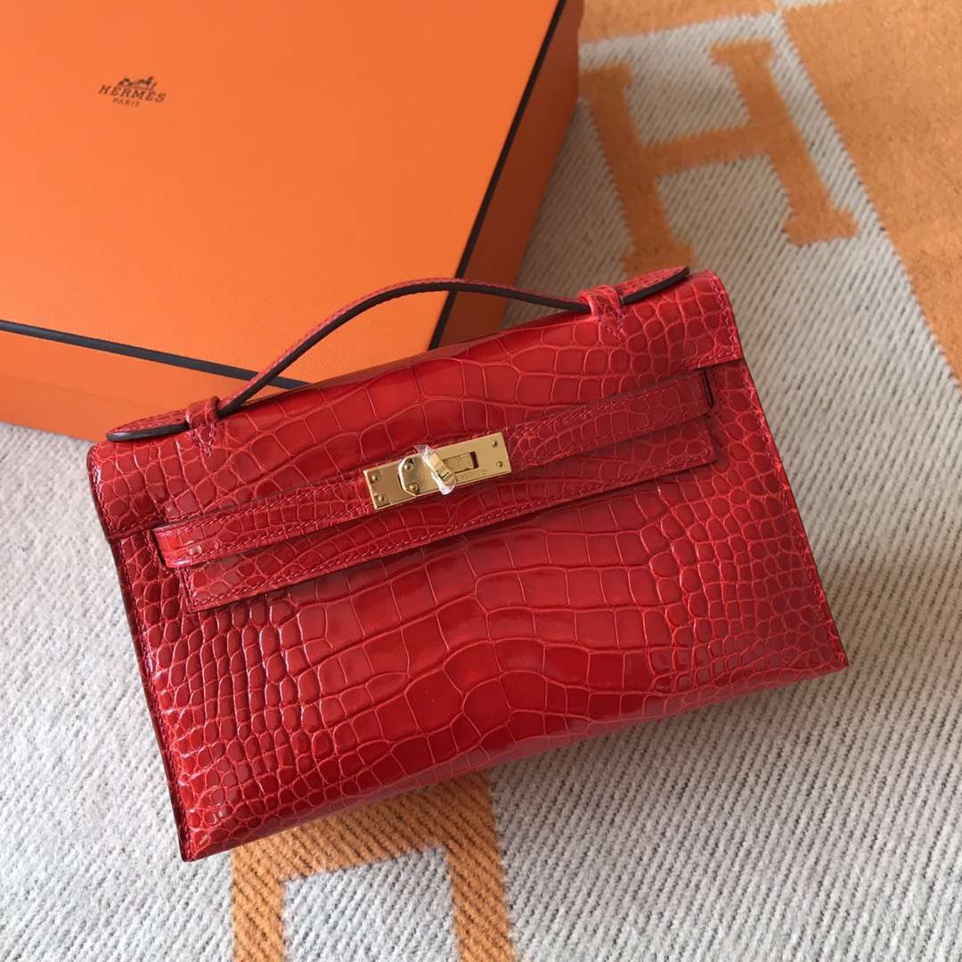 Pretty Hermes CK95 Braise Alligator Shiny Crocodile Minikelly Evening Bag22CM