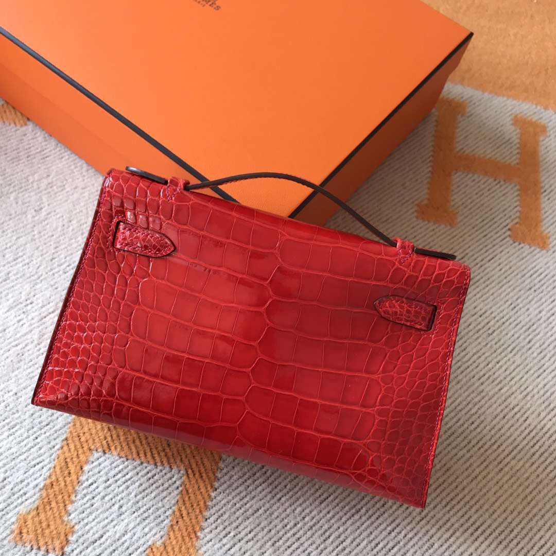 Pretty Hermes CK95 Braise Alligator Shiny Crocodile Minikelly Evening Bag22CM