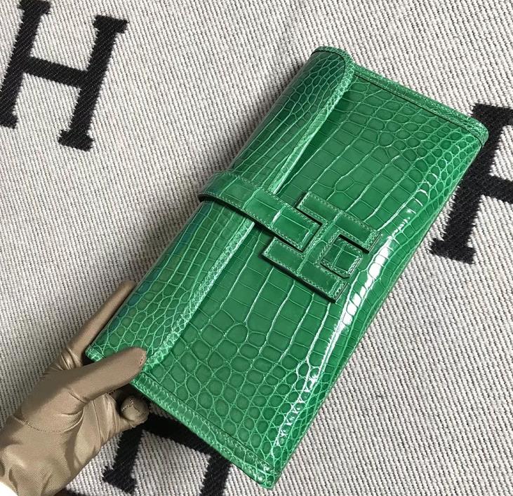 Hermes Shiny Crocodile Jige Wallet Clutch Bag in Vert Cacti